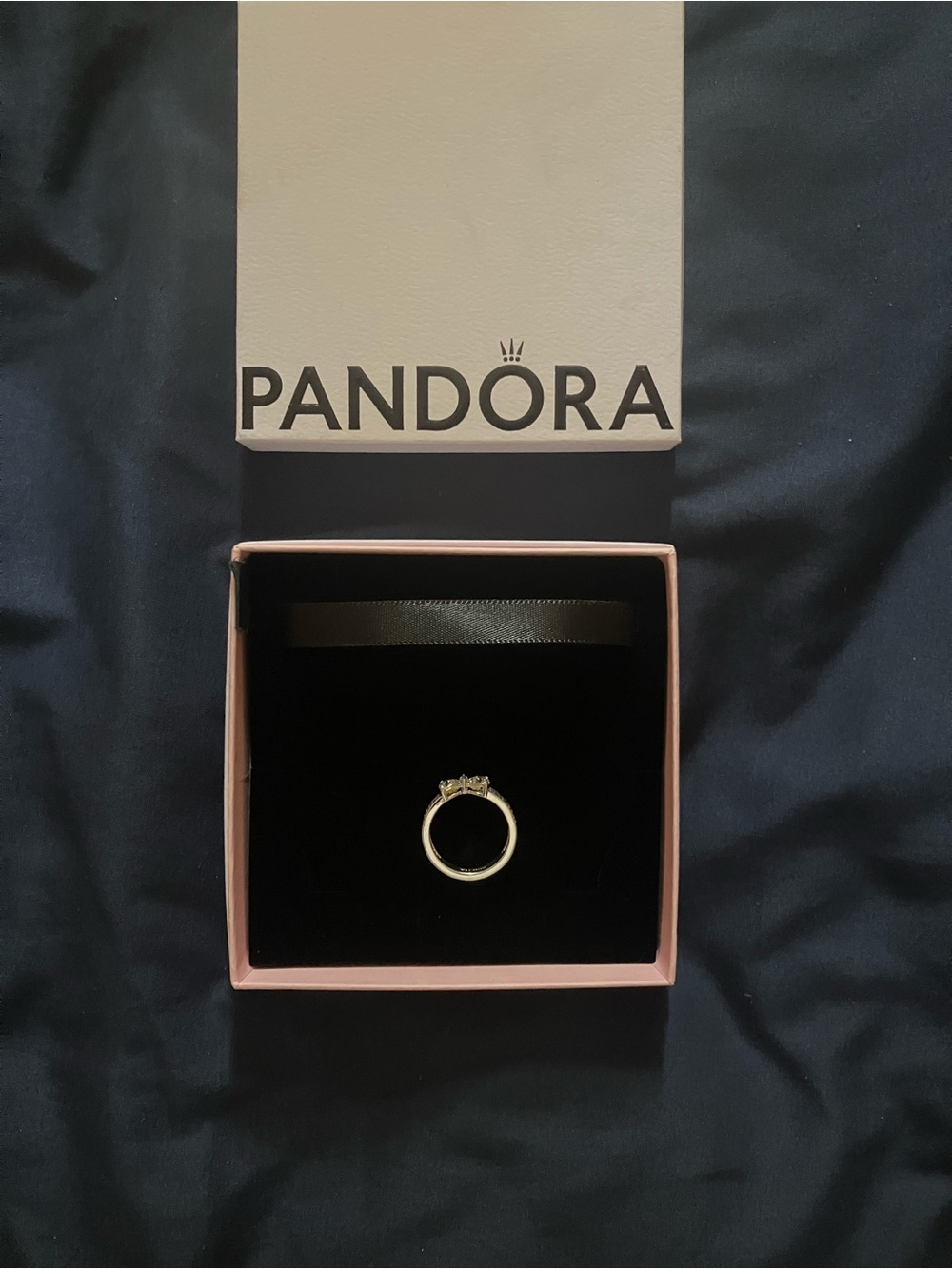 Pandora Silver Ring with Clear Stones in Light Pink Box